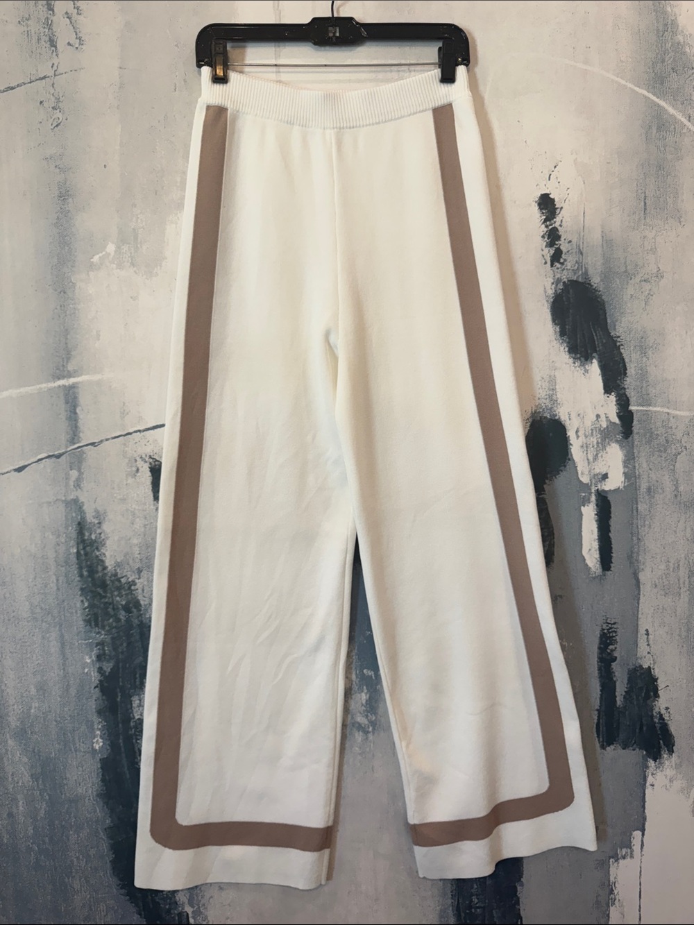 Women’s White Wide-Leg Knit Pants with Taupe Side Stripe